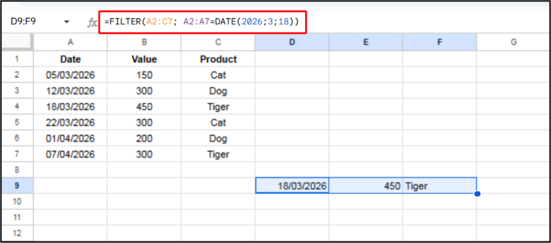 Hàm FILTER lọc dữ liệu theo ngày cụ thể bằng hàm DATE
