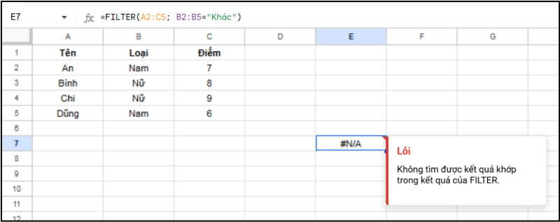 Lỗi #N/A khi hàm FILTER không tìm thấy dữ liệu phù hợp trong Google Sheets