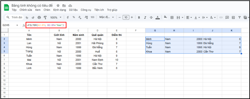 Dùng hàm FILTER để lọc danh sách theo giới tính