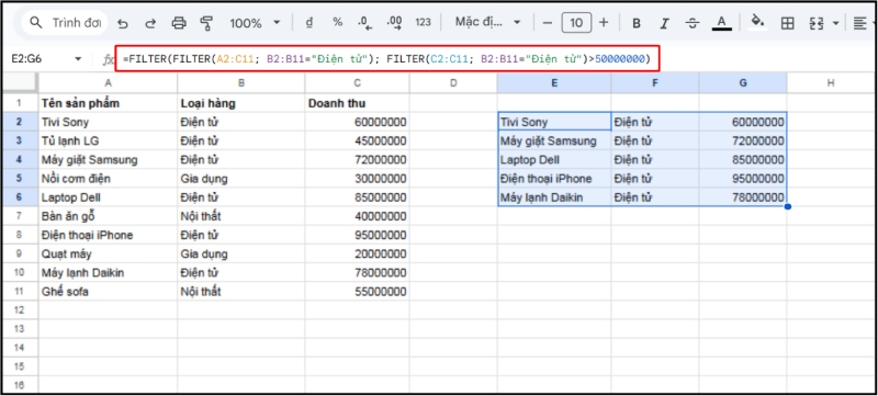 Kết hợp nhiều hàm FILTER để lọc sản phẩm điện tử có doanh thu cao