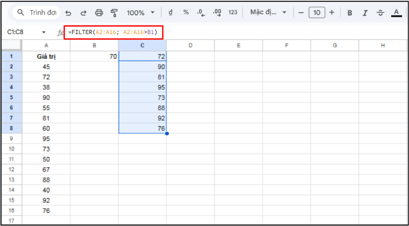 Sử dụng hàm FILTER lọc các giá trị lớn hơn giá trị cho trước