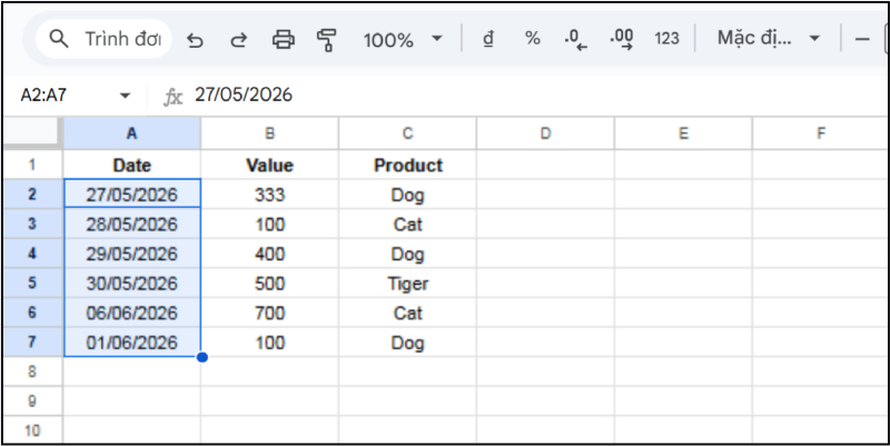 Bảng dữ liệu ngày tháng dùng để minh họa hàm FILTER theo tháng