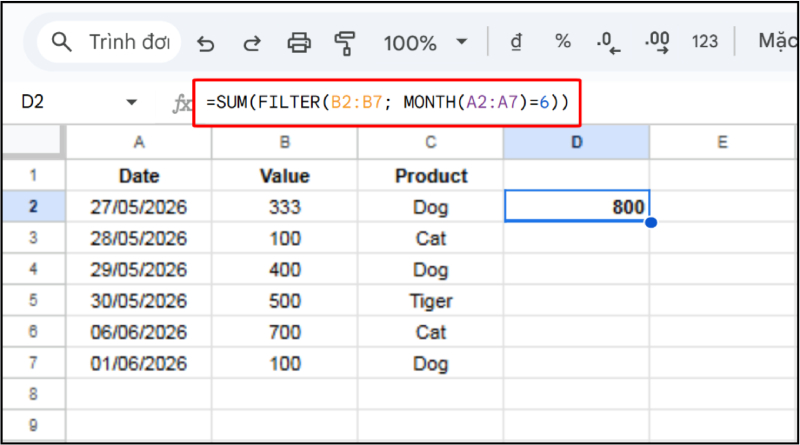 Dùng SUM và FILTER để tính tổng giá trị theo tháng