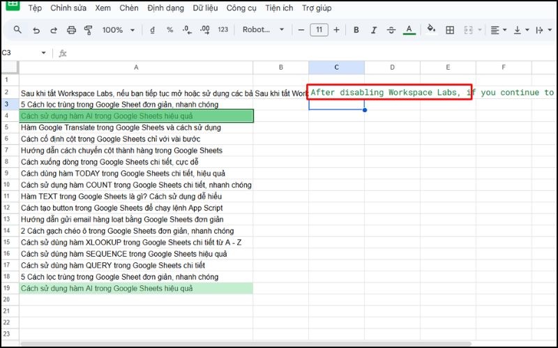 Kết quả sau khi dùng hàm GOOGLETRANSLATE