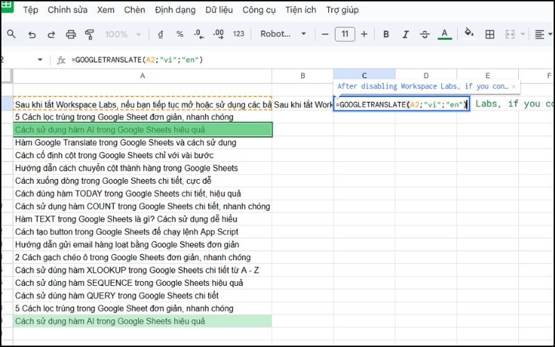 Nhập hàm GOOGLETRANSLATE vào ô trống