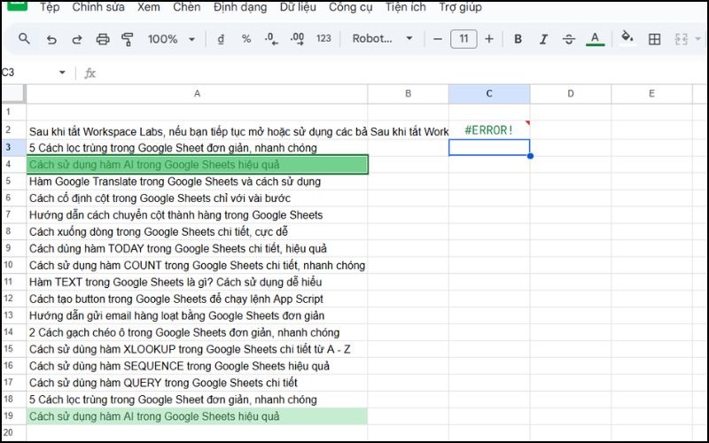 Lỗi #ERROR! khi dùng hàm GOOGLE TRANSLATE