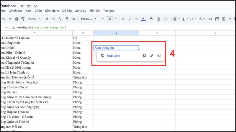 Kết quả sau khi tạo neo link điều hướng đến vị trí cụ thể trong Google Sheets