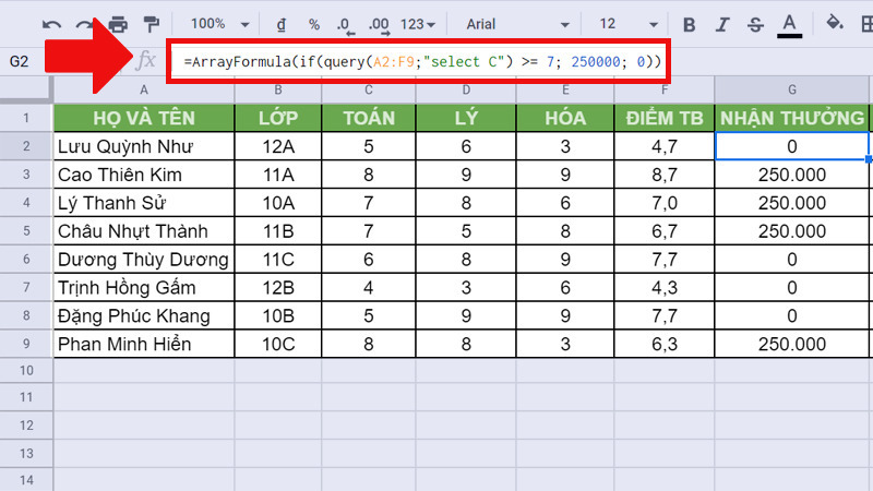 Hàm IF kết hợp với QUERY