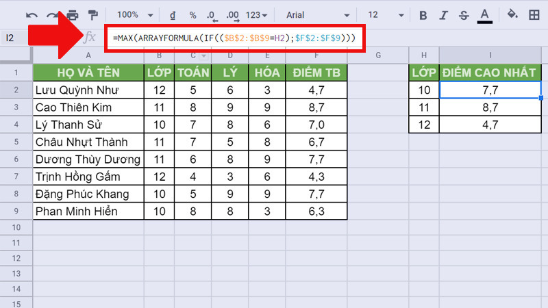 Hàm IF kết hợp hàm MAX