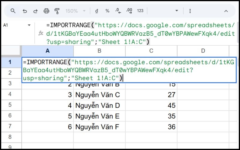 Nhập dữ liệu hàm IMPORTRANGE