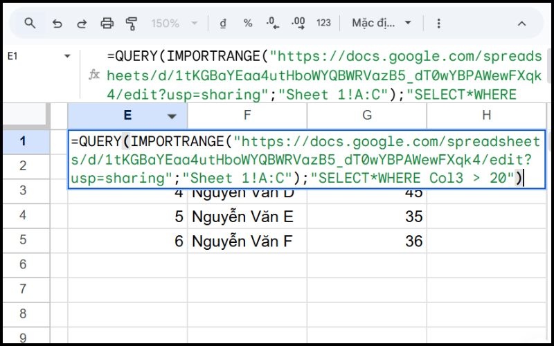 Hàm IMPORTRANGE kết hợp với hàm QUERY