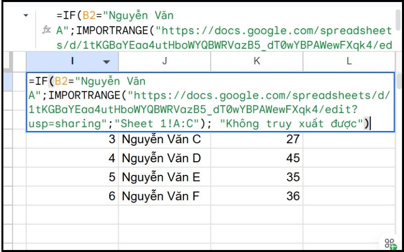 Hàm IMPORTRANGE kết hợp với hàm IF