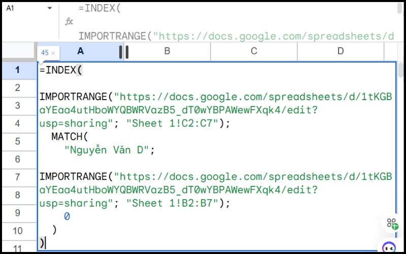 Hàm IMPORTRANGE kết hợp với hàm INDEX, MATCH