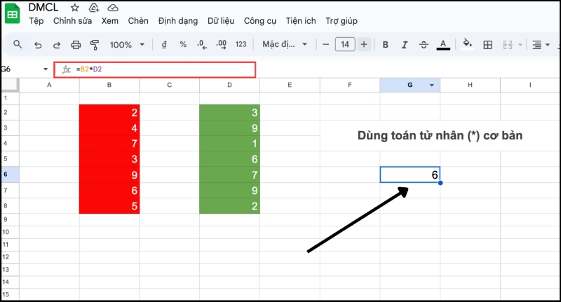 Ví dụ nhân hai ô dữ liệu đơn giản bằng toán tử trong Google Sheets