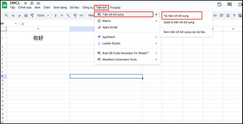 Truy cập tiện ích bổ sung trong mục tiện ích của Google Sheets