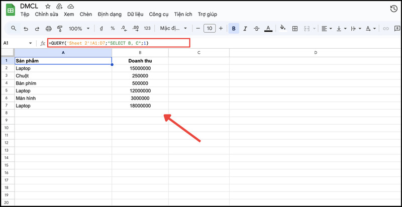 Kết hợp hàm hàm QUERY với câu lệnh SELECT