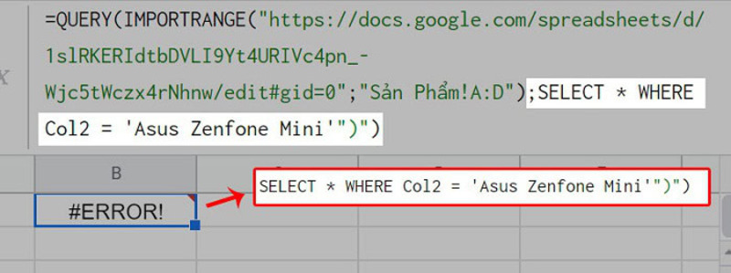 Lỗi #ERROR trong hàm QUERY