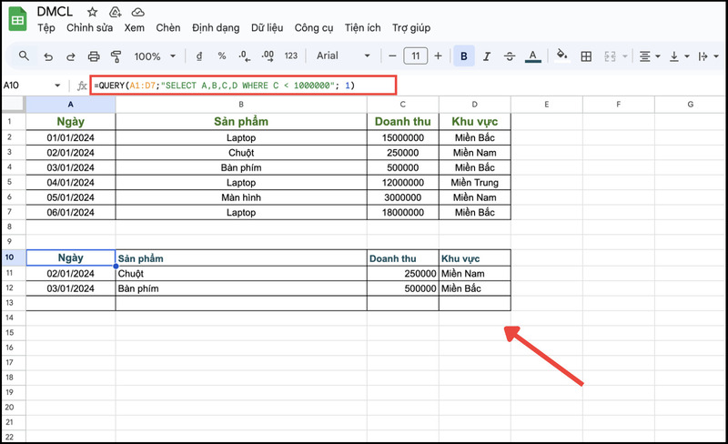 Sử dụng hàm QUERY để lọc