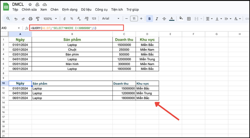 Ứng dụng hàm QUERY