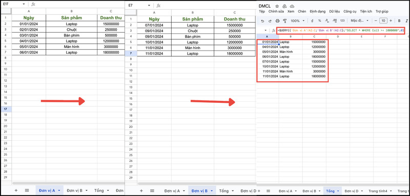 Áp dụng hàm QUERY để kết hợp dữ liệu từ nhiều sheet
