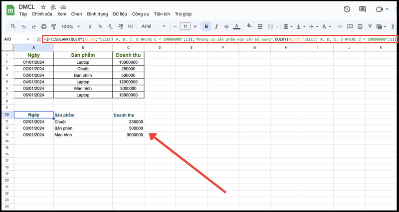 Kết hợp hàm QUERY với hàm IF