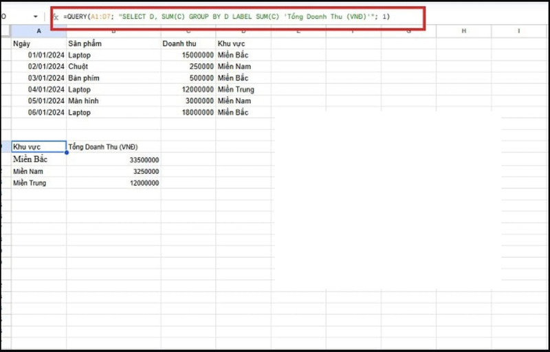 Sử dụng hàm QUERY kết hợp với SUM