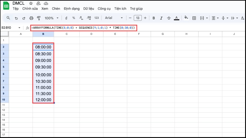 Kết hợp hàm SEQUENCE và TIME trong Google Sheets 