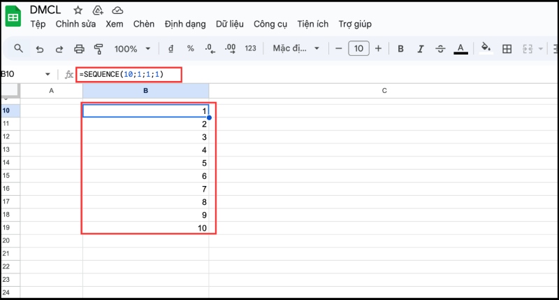 Tạo dãy số thứ tự tự động trong cột bằng hàm SEQUENCE trong Google Sheets