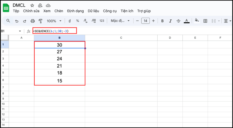 Tạo chuỗi số giảm dần bằng hàm SEQUENCE