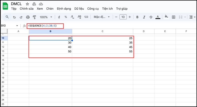 Bắt đầu từ số bất kỳ và tùy chỉnh bước nhảy bằng hàm Sequence