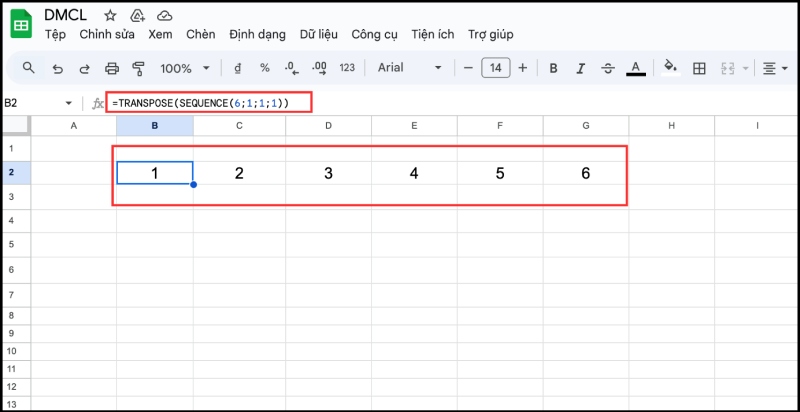 Kết hợp với hàm SEQUENCE với hàm TRANSPOSE