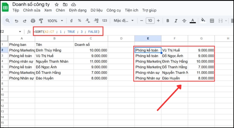 Hàm SORT sắp xếp dữ liệu nhiều cột trong trang tính