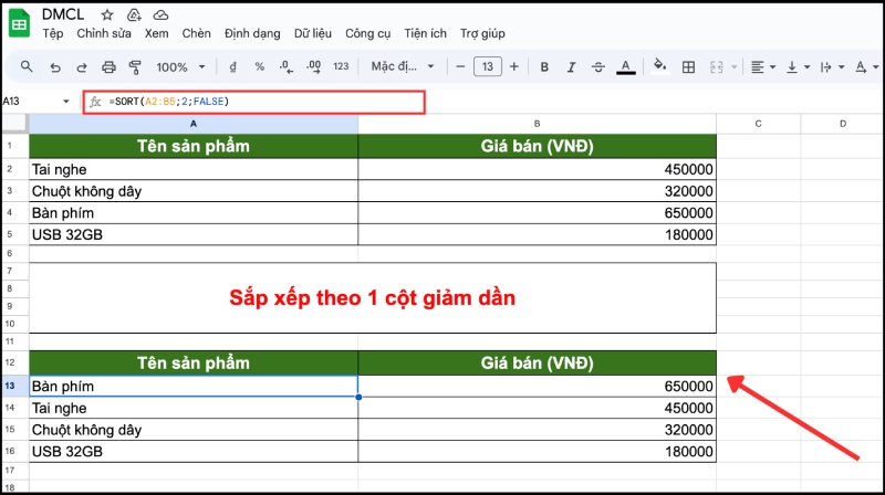 Hàm SORT trong Google Sheets dùng để sắp xếp giá trị giảm dần