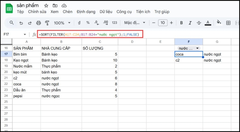 Kết hợp hàm SORT và hàm FILTER trong Google Sheets