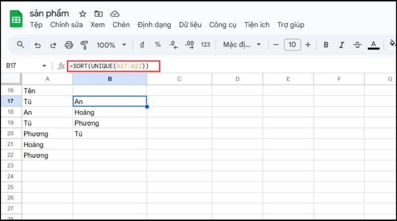 Kết hợp hàm SORT và hàm UNIQUE để tạo dữ liệu sắp xếp không bị trùng