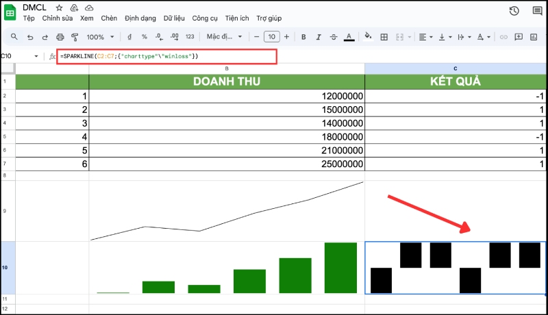 Dùng hàm SPARKLINE để tạo biểu đồ thắng - thua