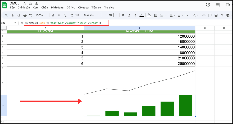 Sử dụng hàm SPARKLINE tạo biểu đồ cột