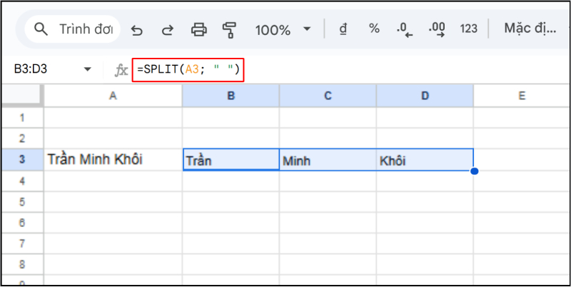 Dùng hàm SPLIT để tách họ tên theo dấu cách