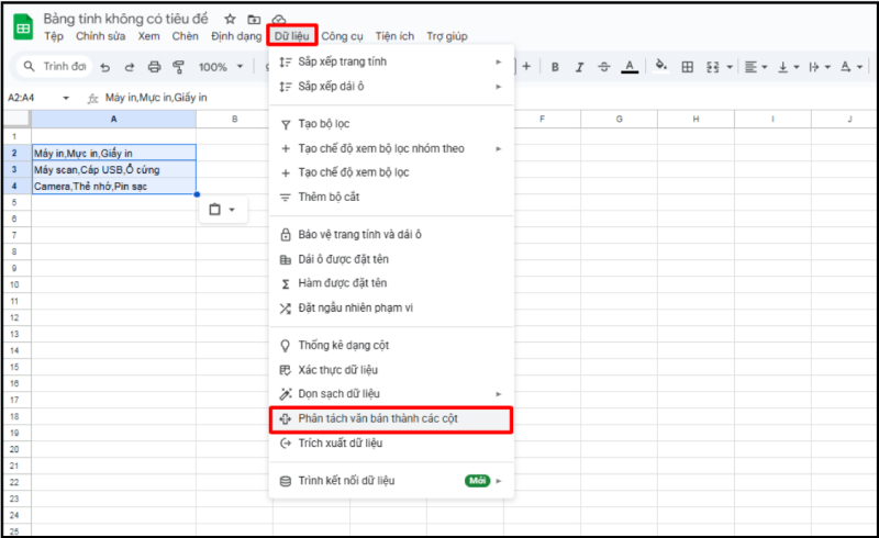 Mở tính năng Phân tách văn bản thành các cột