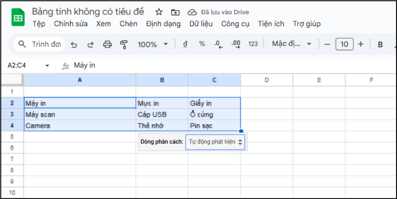 Kết quả tách dữ liệu thành nhiều cột trong Google Sheets