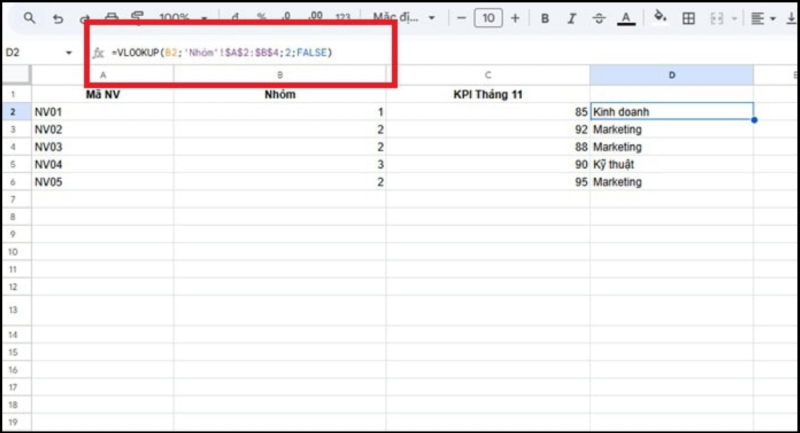 Sử dụng hàm VLOOKUP để tra cứu tên nhóm cần tìm