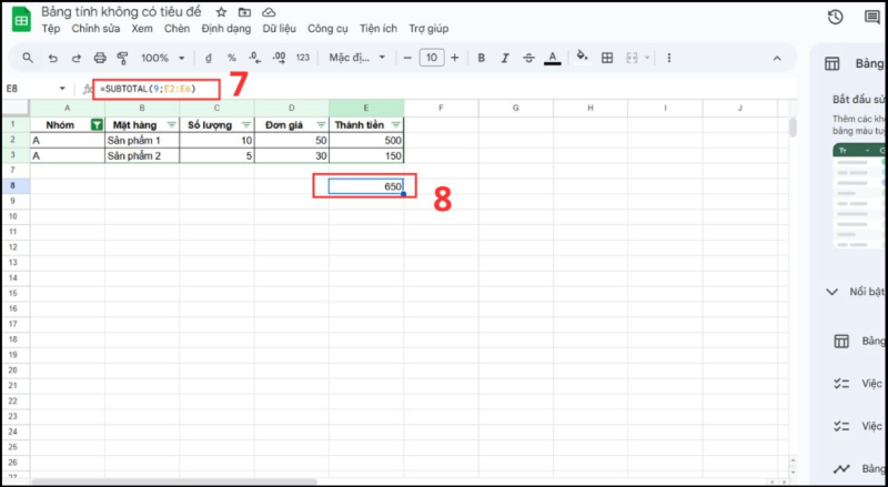 Thao tác sử dụng hàm SUBTOTAL để tính dữ liệu đã được lọc