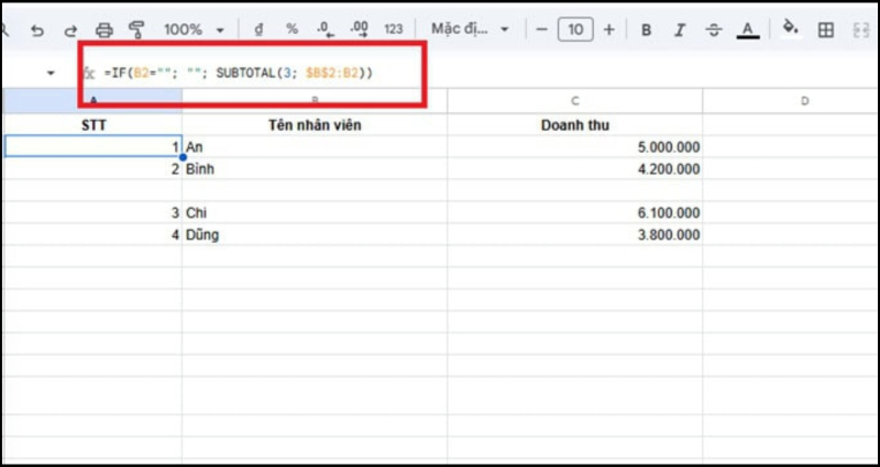 Kết hợp hàm SUBTOTAL với hàm IF trong Google Sheets