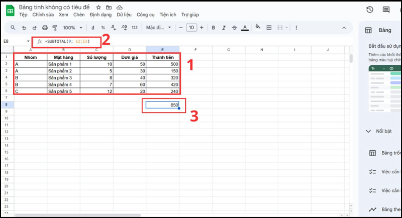 Dùng hàm SUBTOTAL để tính tổng phụ trong Google Sheets