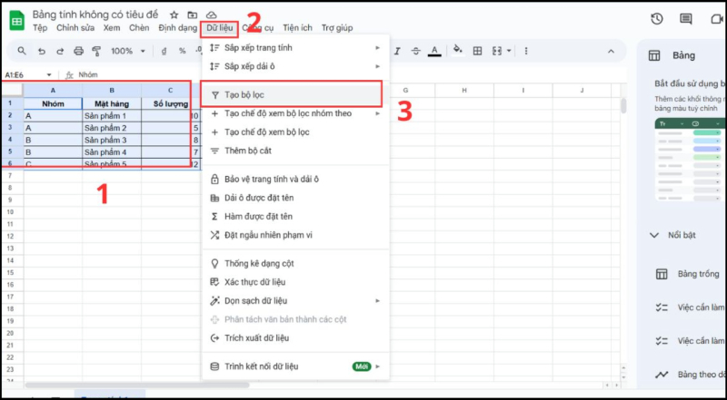 Thao tác tạo bộ lọc trước khi sử dụng hàm SUBTOTAL