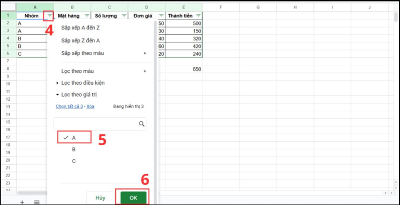 Giao diện lọc dữ liệu theo điều kiện