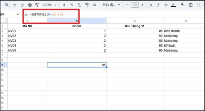 Nhập công thức SUBTOTAL để tính giá trị lớn nhất của nhóm vừa tìm