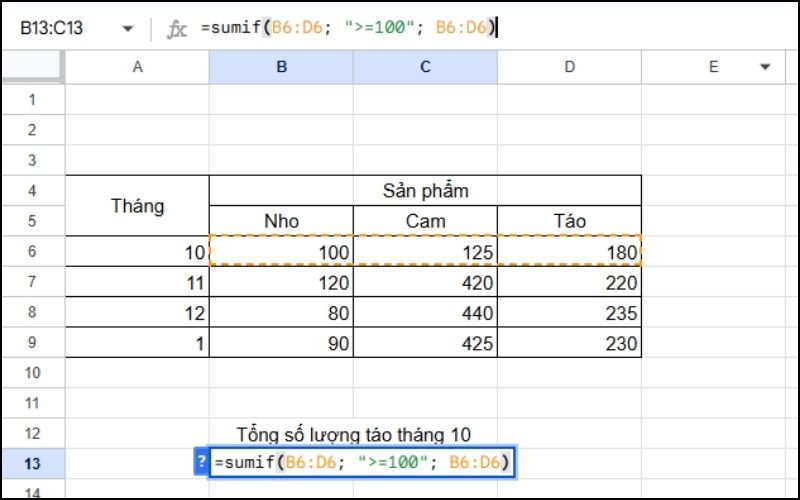 Sử dụng SUMIF với điều kiện số