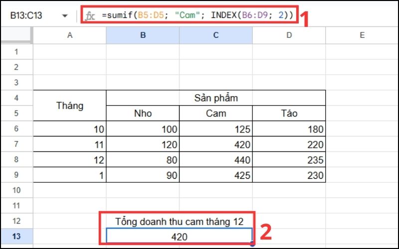 Sử dụng SUMIF cùng hàm INDEX