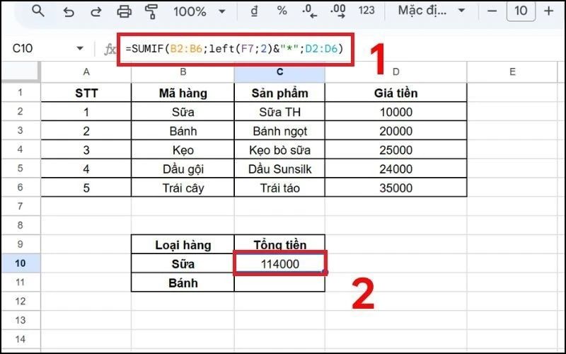 Sử dụng SUMIF cùng hàm LEFT